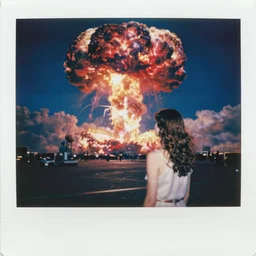 vintage polaroid of a beautiful woman watching a nuclear explosion, detailed clouds, warm azure tones, red color bleed, film grain