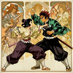 An epic fight moment between one demon slayer with one female skilled samourai in style of by gaston bussiere, and craig mullins and greg rutkowski and alphonse mucha, concept art world, stunning moment and pose, cinematic lighting, dynamic