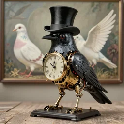 an antique photograph of a bio-mechanical clockwork crow wearing a top hat with a painting of a female pigeon behind him, by Yuumei, Trending on Artstation, CG Society