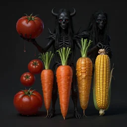 the human vegetable black metal band, hybrid, mutation, tomato, carrot, corn, artstation