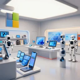a concept for a 2 0 5 0 s microsoft retail interior, phones, tablets, robots and mannequins, by ruan jia by liam wong by stanley artgerm, trending on artstation, 4 k