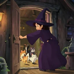 a wholesome animation key shot of a witch opening the door to her cabin from inside to let her cats run out and play, medium shot, waist up, studio Ghibli, Pixar and Disney animation, sharp, Rendered in Unreal Engine 5, anime key art by Greg Rutkowski, Bloom, dramatic lighting