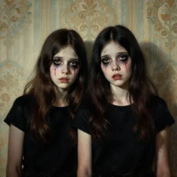 a beautiful and eerie baroque painting of two beautiful but creepy siblings wearing black band shirts in layers of fear, with haunted eyes and dark hair, 1 9 7 0 s, seventies, wallpaper, a little blood, morning light showing injuries, delicate embellishments, painterly, offset printing technique, by mary jane ansell