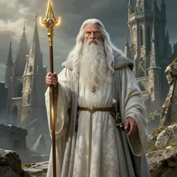 Gandalf the white Comes to the Guarded City of Minas Tirith, style by john Howe, boris vallejo