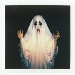an instant photo of a beautiful but sinister ghost in layers of fear, with violence in his eyes, 1 9 7 0 s, seventies, woodlands, delicate embellishments, a little blood, crimson, painterly, offset printing technique, mary jane ansell