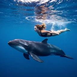 gal gadot swimming underwater with false killer whales, in the style of national geographic