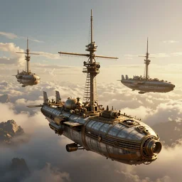 Steampunk of a Fleet Airships before battle, hyperdetailed, artstation, cgsociety, golden hour 8k