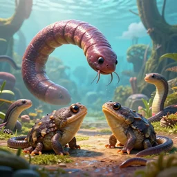 a giant worm battle between giant tadpoles and giant eels, hd, photorealistic, trending on artstation