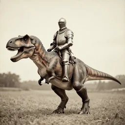 antique photo of a knight riding a t - rex