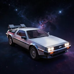 “ a beautiful concept art of the spacecraft delorean dmc - 1 2, raytracing, cosmos, 8 k wallpaper, dark colors, octane render, volumetric, hyperrealism, illustration, trending on artstation, pinterest ”