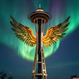 gigantic radiant angels silhouetted layered strongly into intense vivid aurora above space needle centered big sky film long exposure fuji wide angle national geographic