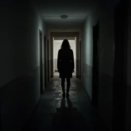 a hallway with a shadowy silhouette standing at the end, creepy, uncanny, liminal space