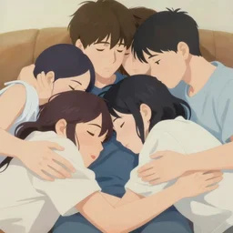 painting of young people cuddling in the sofa, romantic, group hug, highly detailed, close - up, smooth, stylized, vector line art, clean cel shaded vector art, by lois van baarle, ross tron, artgerm, helen huang, makoto shinkai, ilya kuvshinov, rossdraws