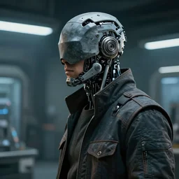 a masked rugged laboratory engineer man with cybernetic enhancements as seen from a distance, scifi character portrait by greg rutkowski, craig mullins, 1 / 4 headshot, cinematic lighting, dystopian scifi outfit, profile picture, mechanical, cyborg, half robot