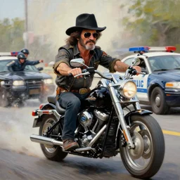 bob ross as a rough biker criminal who is riding a harley davidson while being chased by police cars, oil on canvas, 4 k, 8 k, highly detailed, sharp