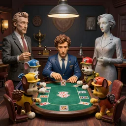 beautiful studio photograph of a surrealist assemblage of skye from paw patrol and marshall from paw patrol and chase from paw patrol playing poker in a saloon, sculpted by ron mueck and matthew barney and rene magritte, hysterical realism intense cinematic lighting shocking detail 8 k