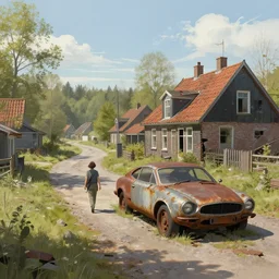 i walk through dilapidated fallout 5 holland, dutch rural town, desolate street, dilapidated country houses. ( ( rusted retro futuristic car ) ), forest in background, volumetric lighting, sunny, spring, day, few clouds, realistic illustration, perfectly shaded, soft painting, art by krenz cushart and wenjun lin
