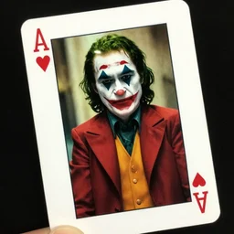 film still of Elijah wood as joker in new joker film, printed on a playing card
