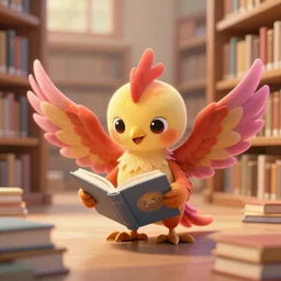 a cute adorable phoenix fledgling learning to read in a library #VRMMO