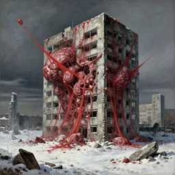 surrealist painting of a brutalist building turning into meat, red webs, post apocalyptic, snowy landscape, painted by beksinski