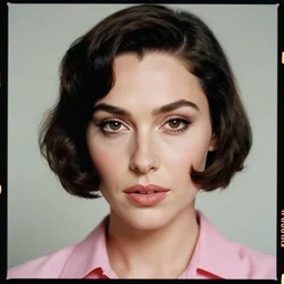 kodak portra 4 0 0, 8 k, highly detailed, britt marling style, mario testino style, 3 / 4 photographic close - up face of a beautiful gal gadot with 1 9 5 0 s flapper bob hairstyle, 1 9 5 0, 1 9 5 0 s style pink shirt, symmetrical, hasselblad x 1 d - 5 0 c, medium format, soft