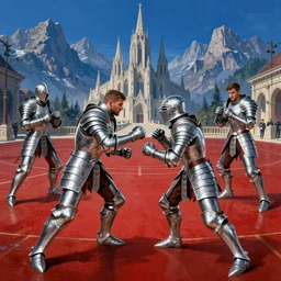 wide angle shot from above of silver ornate armor slim handsome mma warriors in battle!!! mountains and giant gothic abbeys in the background, fine detail, 8 k, high contrast color scheme, blue at the background red at the foreground!!!, dynamic perspective, painted movie poster by greg rutkowski and peter mohrbacher