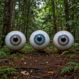 forest, three eyed spirits, wide shot, vivid colors, eyes, ground very detailed, wet eyes reflecting into eyes reflecting into infinity, natural lighting