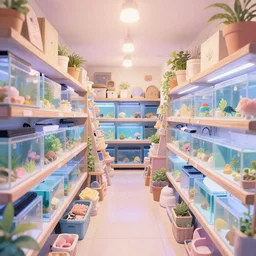 bright cheery placid pastel deep cozy moody cluttered painterly fluffy tiny cramped live pet store, aisles of aquariums, slanted ceiling, tiny space, particulate, trending on pixiv