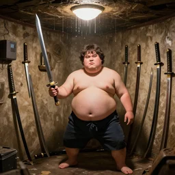 the stereotypical weeb fat man in the basement with katana sword on the walls and greece dripping down the ceiling, realistic, hdr, clear image, hdd, rtx on, dynamic lighting,