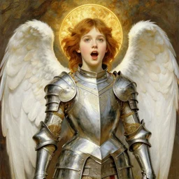 realistic detailed painting of a 1 6 - year old girl who resembles millie bobby brown and saoirse ronan, mouth open, glowing, as an angel with a golden halo and white, feathered wings, wearing intricate, detailed full - plate art nouveau style armor, by alphonse mucha, ayami kojima amano, charlie bowater, karol bak, greg hildebrandt