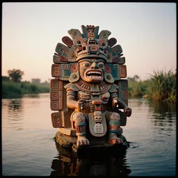 a misteriuos colored old film photography of divine aztec god arising from a a xochimilco river, sunset lighting, intricate detail, hazy, humid, photorealistic,