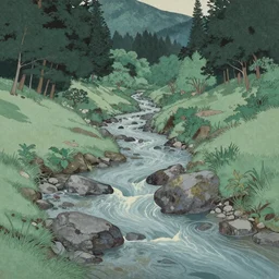 The stream runs through the valley, by Hasui Kawase
