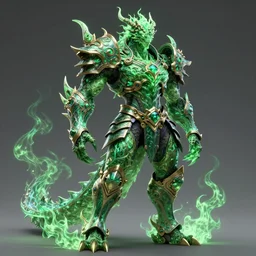 muscular and tall green ghostly fire humanoid dragon!!!! draconian!! intricate ornate iridescent heavy armor!! character concept art, sharp focus, octane render! unreal engine 5! highly rendered!! trending on artstation!! detailed linework!! illustration by artgerm, wlop, and chie yoshii