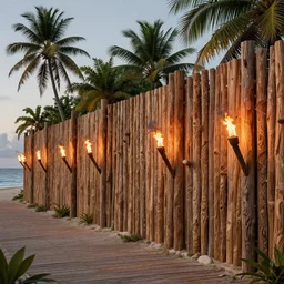 wooden palisade wall lit by torches on a tropical island, intricate Details, raphael lacoste, eddie mendoza, alex ross, concept art, matte painting, highly detailed, rule of thirds, dynamic lighting, cinematic, detailed, denoised, centerd, clean render