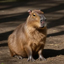 photography of a capybara sitting on its rear with its frontlegs parallel to the ground