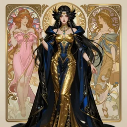 dark fantasy themed female sorceress, gold pink blue black colors scheme, highly detailed, qichao wang, artgerm, cushart krenz, alfonse mucha, zeronis, trending on artstation, soft light, sharp edges, illustration, character design, concept art