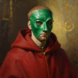 greg manchess oil matte portrait painting, monk in rad mantle and full emerald mask, enigmatic, medieval, fantasy, wonderful masterpiece highly detailed, scifi, beautiful cinematic light deep focus, elegant, digital painting, smooth, sharp focus, golden ratio, dramatic illumination, ultra realistic, 4 k, art by greg rutkowski wlop rossdraws