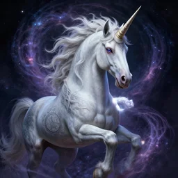 a wlop 3 d render of very very very very highly detailed beautiful mystic portrait of a phantom undead unicorn with whirling galaxy around, tattoos by anton pieck, intricate, extremely detailed, digital painting, artstation, concept art, smooth, sharp focus, illustration, intimidating lighting, incredible art,