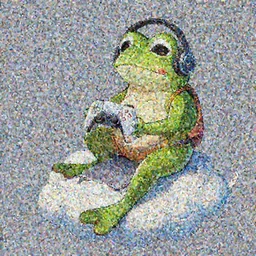 a tall frog with gaming headphones playing on ps5 while riding on a flying cloud like goku