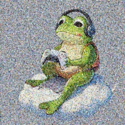 a tall frog with gaming headphones playing on ps5 while riding on a flying cloud like goku