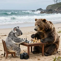 a koala bear and grizzly bear playing chess. they are sitting at a table on the beach. you can see the waves crashing into the shores. bears are very stressed. dslr camera photo