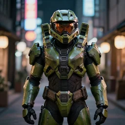 portrait photograph of an extremely beautiful!!!! master chief from halo. standing on a japanese neon lit street. looking at the camera!!. super resolution. extremely detailed. graflex camera!, bokeh!!!!! trending on artstation.