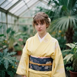 Photograph. Film still. of a young woman!!! wearing a yellow kimono in a tropical greenhouse, by Carl Larsson  Extremely detailed. 4K. 35 mm lens