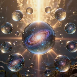 infinity amount of glass orbs with galaxies inside, lds, dmt, trip, 4k, ultra details, cinematic, epic style, beautiful photo, hyper realistic, octane render, unreal engine, award winning, on artstation, volumetric lightning, masterpiece, golden hour,