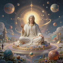 god sitting in the center of the multi dimensional latent space conceptualizing our collectively designed divine imaginations, 4 k surrealism