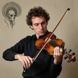 a realistic portrait of a man playing the violin, 8 k, lowbrow, in the style of lilia alvarado and ernst haeckel,