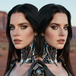 symmetric digital portrait of lana del rey as a cyborg, monument valley, sharp focus, realistic scifi masterpiece, cinematic natural light, highly intricate details, 8 k, hdr, octane render