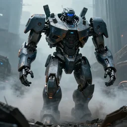 vfx film closeup, futuristic giant powerful futuristic mech walking out of smoke and debris in war zone, flat color profile low - key lighting award winning photography arri alexa cinematography, hyper real photorealistic cinematic, atmospheric cool colorgrade