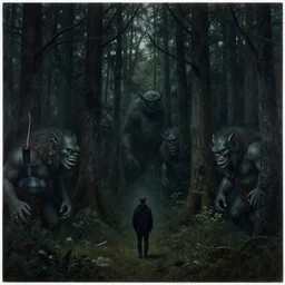 lone person in the dark forest, trolls, painting by john bauer