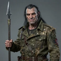 portrait of a middle aged half - orc in a dirty patchwork military uniform jacket with cut sleeves and many charms and baubles worked into the fabric, with an upturned collar. grey - green skin with half - long thin black hair. thin fangs showing through his lower jaw with a bemused smile. blueish grey eyes staring intently with a definite intelligence. one hand is replaced by a short jagged javelin, subtlety shaped as a lightning bolt. on his neck and arms are a number of orcish rune tattoos.